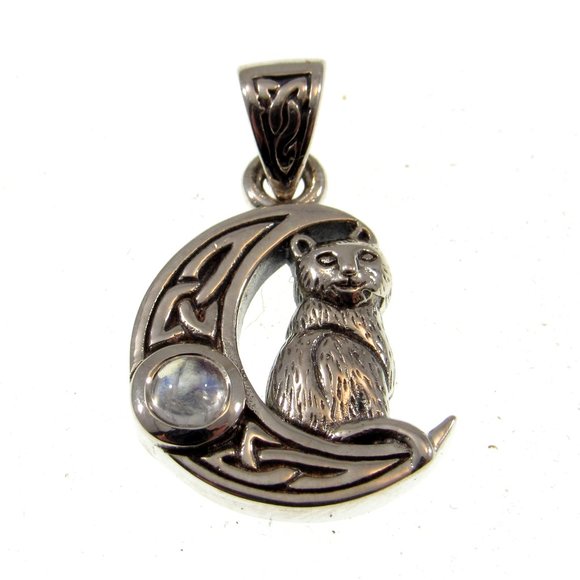 Solid 925 Sterling Silver Celtic Crescent Moon Cat Pendant Amethyst or Moonstone - Picture 6 of 11